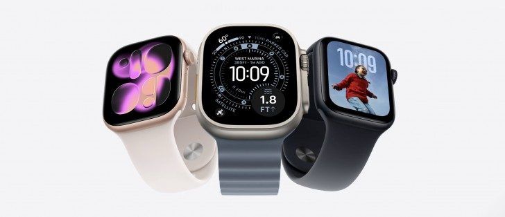 Three smart watches with colourful watch faces